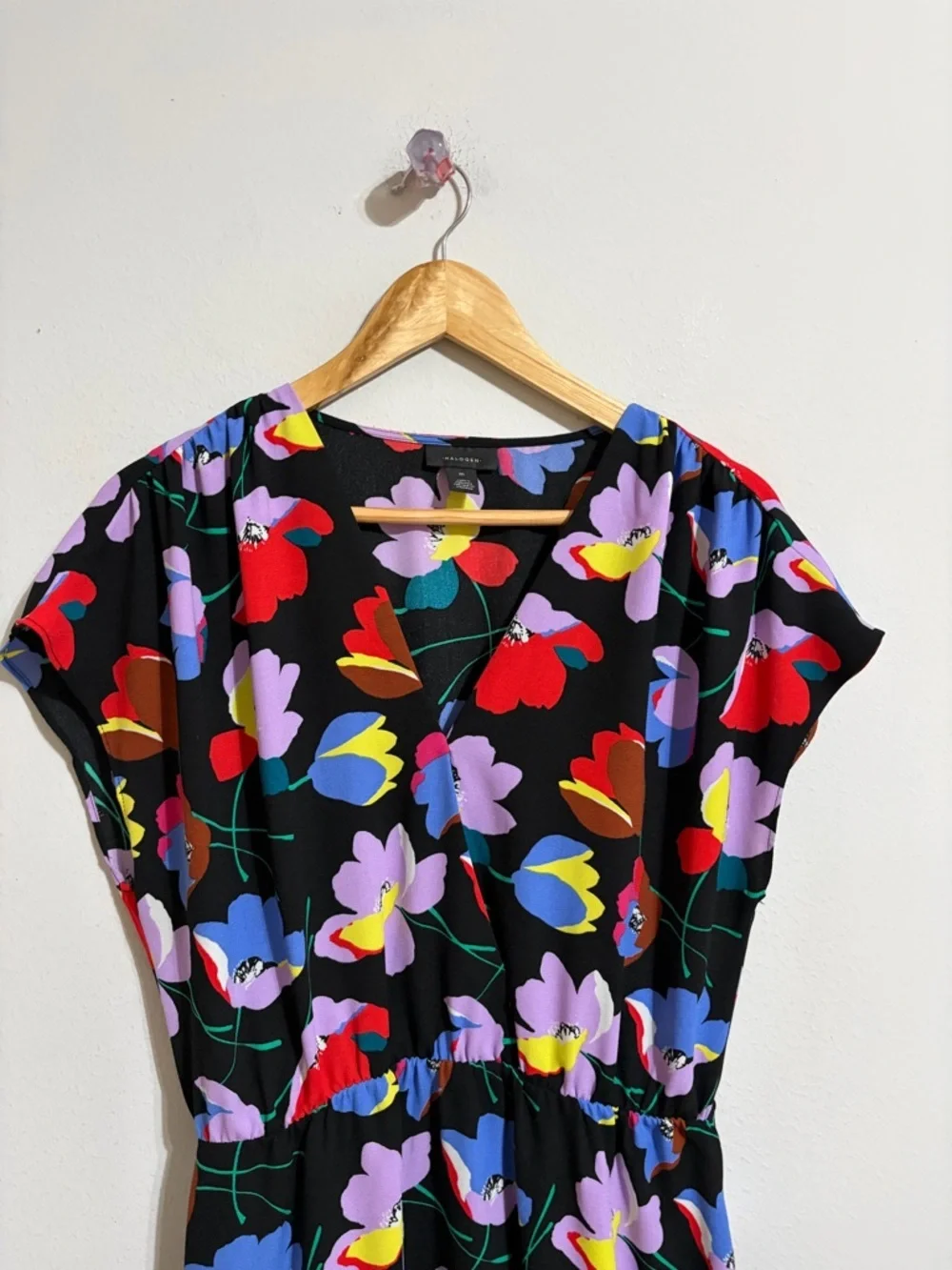 Halogen Bold Floral Motif V-Neck Elastic Waist Dress Black Cottagecore Size M